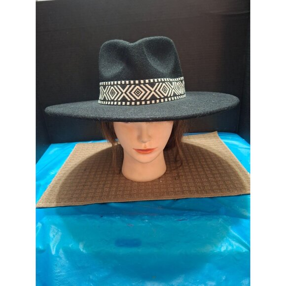 Wide-Brim Black Wool Fedora With Geometric Band One Size - Picture 1 of 8